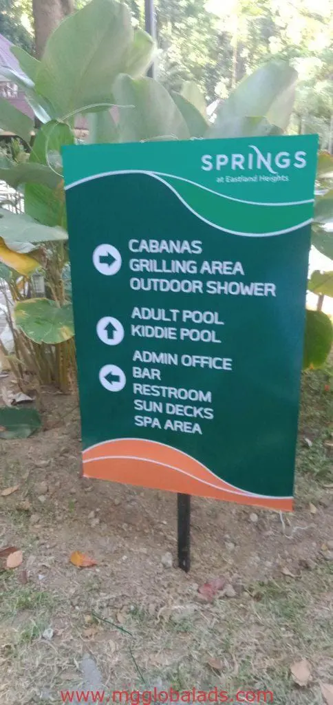 Wayfinding outdoor signage for Springs at Eastland Heights in Makati, lush plants, by M&G Global Ads.