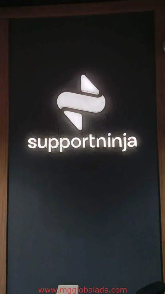 Acrylic LED signage for SupportNinja featuring an illuminated S logo on a dark wall in Mandaluyong by M&G Global Ads.