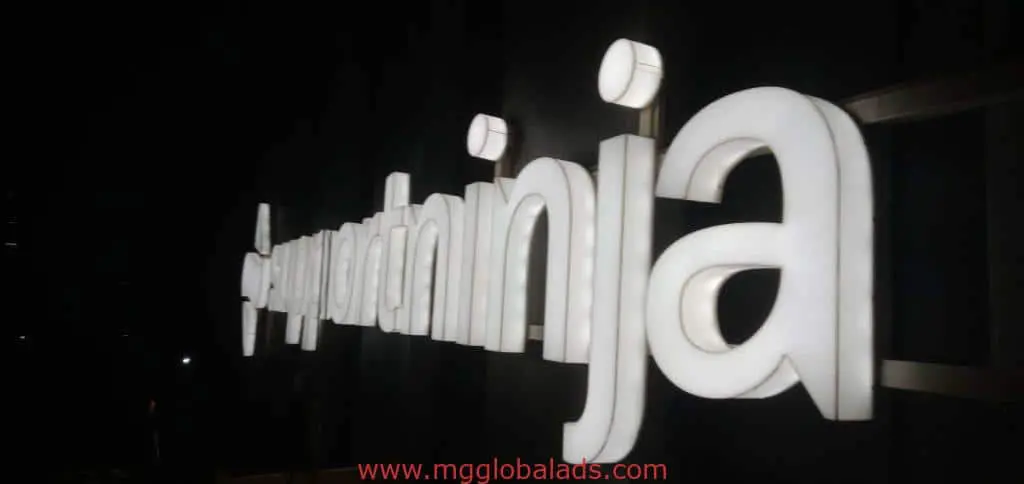 LED building signage for Hyatt Centinjal in bright letters at night in Makati, Metro Manila by M&G Global Ads.