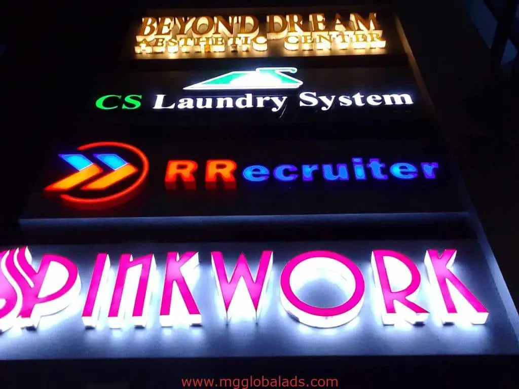 Illuminated business signage for Beyond Dream Aesthetic Center, CS Laundry System & others in Makati by M&G Global Ads.
