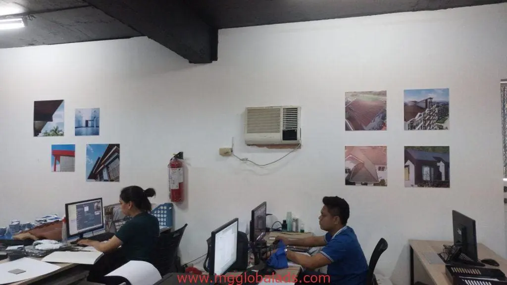 Office interior with wayfinding signage for client in Makati, air conditioner, and decor. By M&G Global Ads.