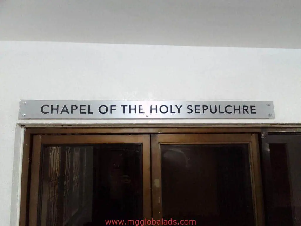 Chapel of the Holy Sepulchre building signage in black letters on white metal, Ortigas location, by M&G Global Ads.
