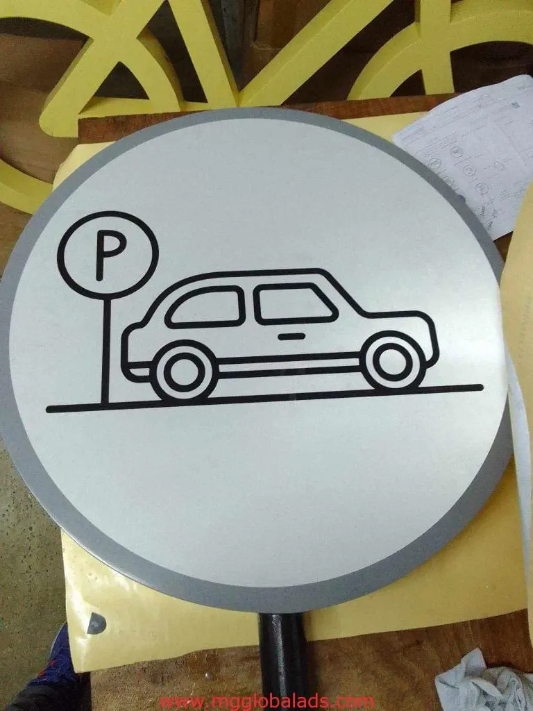 Indoor parking signage for building, car and letter P icon, white background, gray border in Makati by M&G Global Ads.