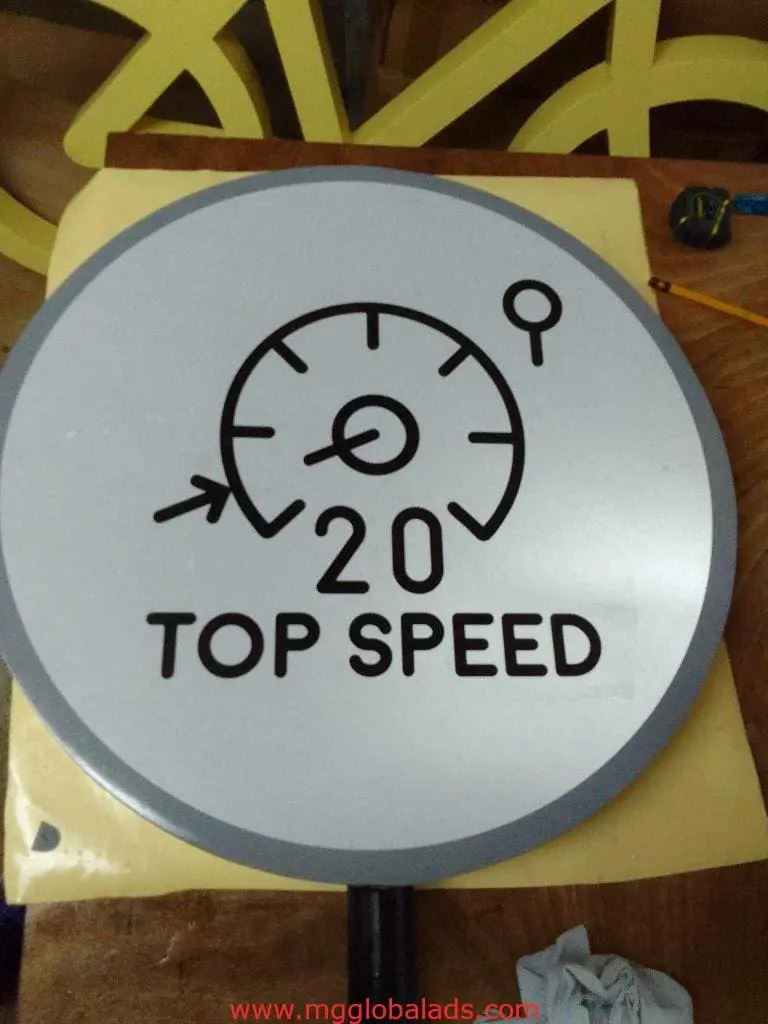 Round metallic speed limit signage with speedometer and TOP SPEED, in Makati, by M&G Global Ads.