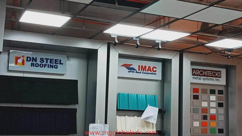 Building signage for DN Steel Roofing, IMAC uPVC Roof, Architecks Metal Systems Inc. in Makati showroom by M&G Global Ads.