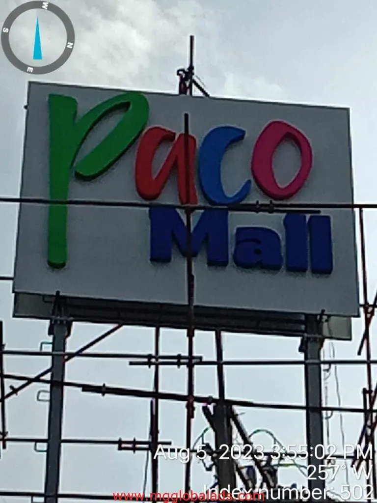 LED signage for Paco Mall on scaffolding, date and time visible, Ortigas location, by M&G Global Ads.