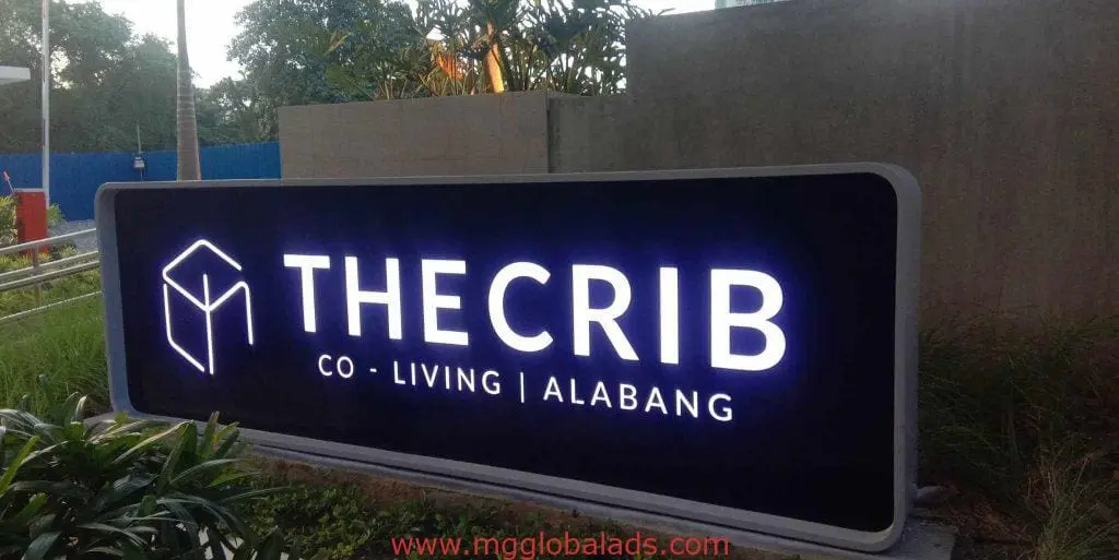 LED signage for THE CRIB CO-LIVING Alabang with geometric logo, outdoor in BGC, by M&G Global Ads.