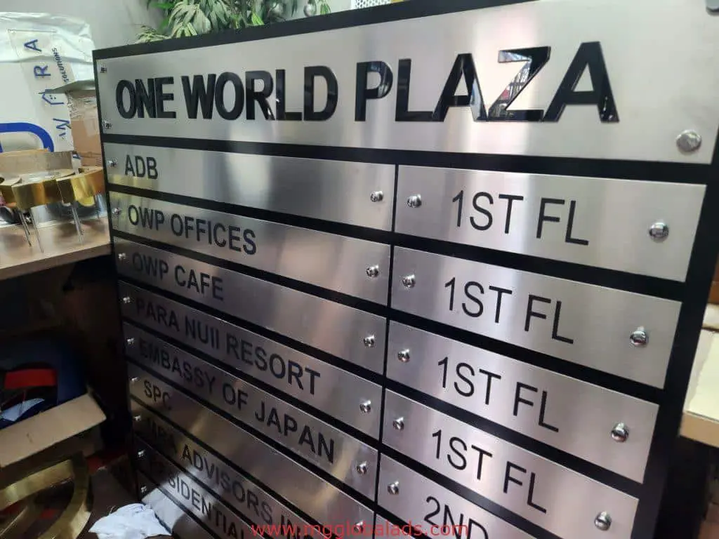 Indoor directory signage for One World Plaza listing ADB, OWP Offices, Embassy of Japan in BGC by M&G Global Ads.