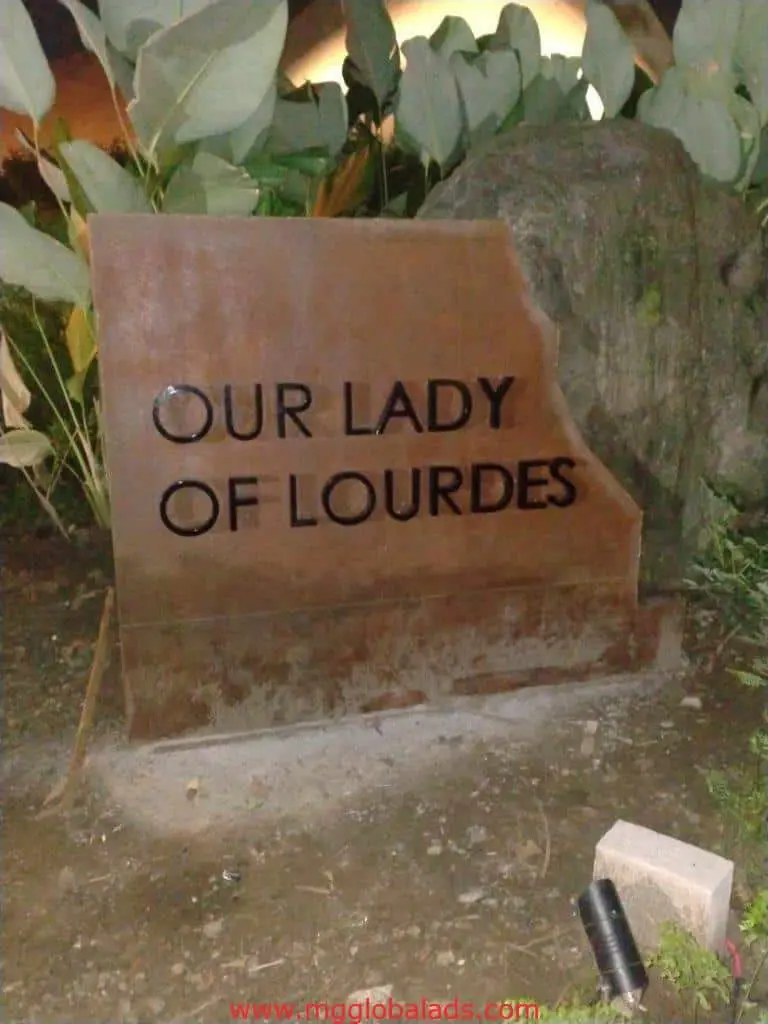 Acrylic church signage for Our Lady of Lourdes with LED lighting, outdoor display in Quezon City by M&G Global Ads.