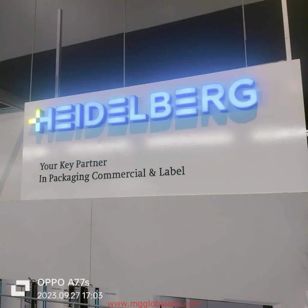 HEIDELBERG LED signage with tagline for commercial packaging, displayed at trade show in Quezon City by M&G Global Ads.