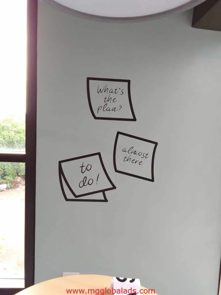 Indoor wall signage with three sticky notes in Mandaluyong, text: Whats the plan?, almost there, to do! by M&G Global Ads.