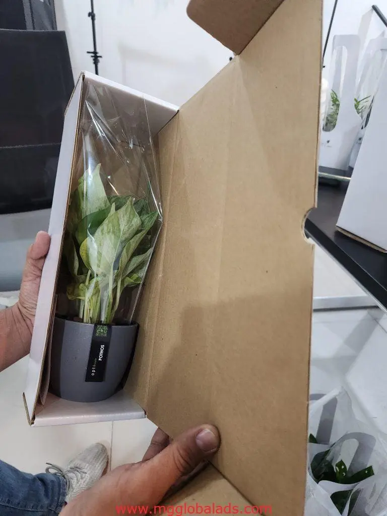 A person with a cardboard box and potted plant, LED signage by M&G Global Ads brightens an office in Makati, tiled floor visible.