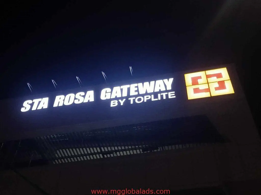 Illuminated acrylic signage for STA ROSA GATEWAY BY TOPLITE, yellow and red logo, facade display in Makati by M&G Global Ads.