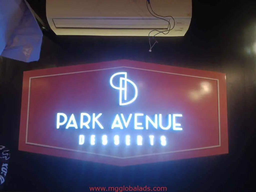 Glowing metallic Park Avenue Desserts lighted LED neon signage with PA logo, red background, Quezon City branch by M&G Global Ads.