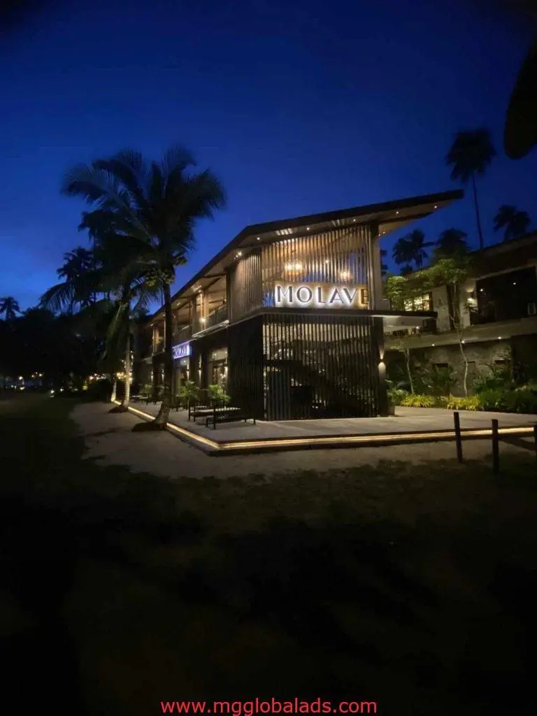 MOLAV metallic building signage on a modern glass facade at night in Makati, with palm trees and landscape by M&G Global Ads.