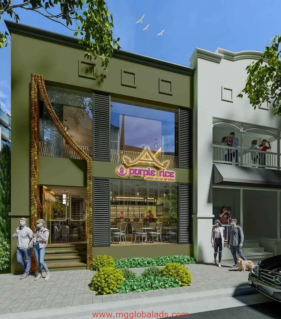 “Purple Rice” restaurant with acrylic signage, glass windows, and outdoor seating in BGC, by M&G Global Ads.