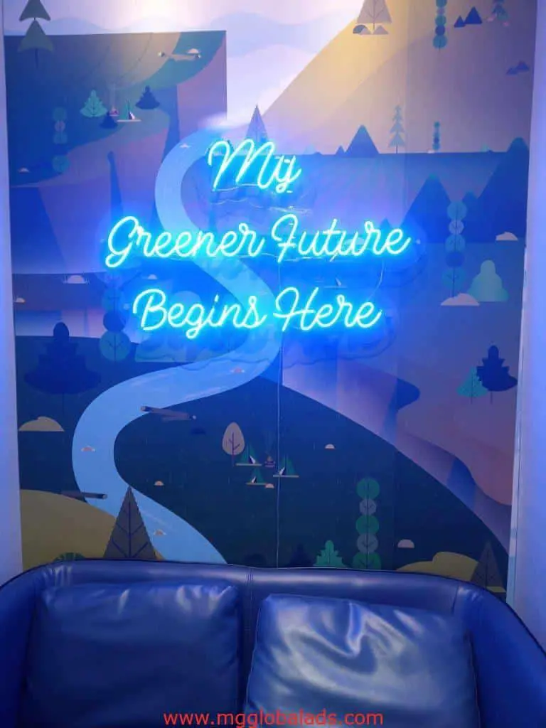 LED neon signage My Greener Future Begins Here in Makati, blue glow, scenic mural backdrop, by M&G Global Ads.