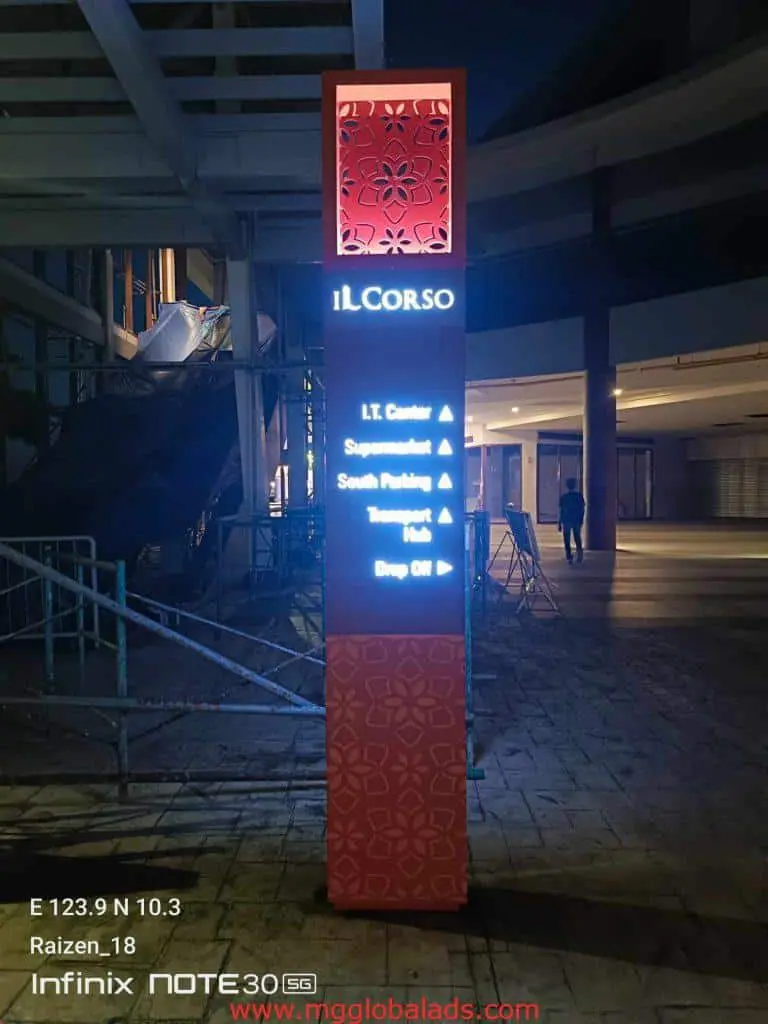 LED signage directory for iL Corso in Makati illuminated at night, showing directions and entrance. By M&G Global Ads.