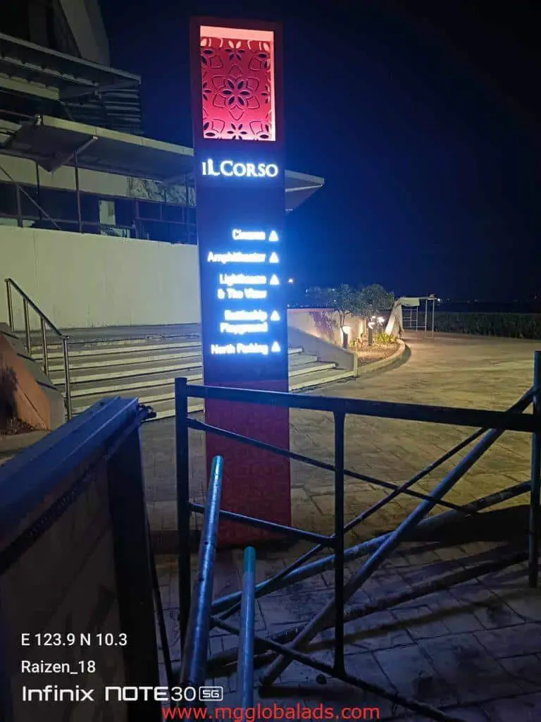 Tall LED directional signage display at IL CORSO with wayfinding, cinema, and stairs in Makati by M&G Global Ads.