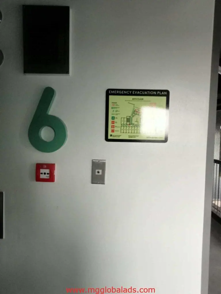 Acrylic number 6 signage, emergency evacuation plan, fire alarm & elevator button in Makati building by M&G Global Ads.