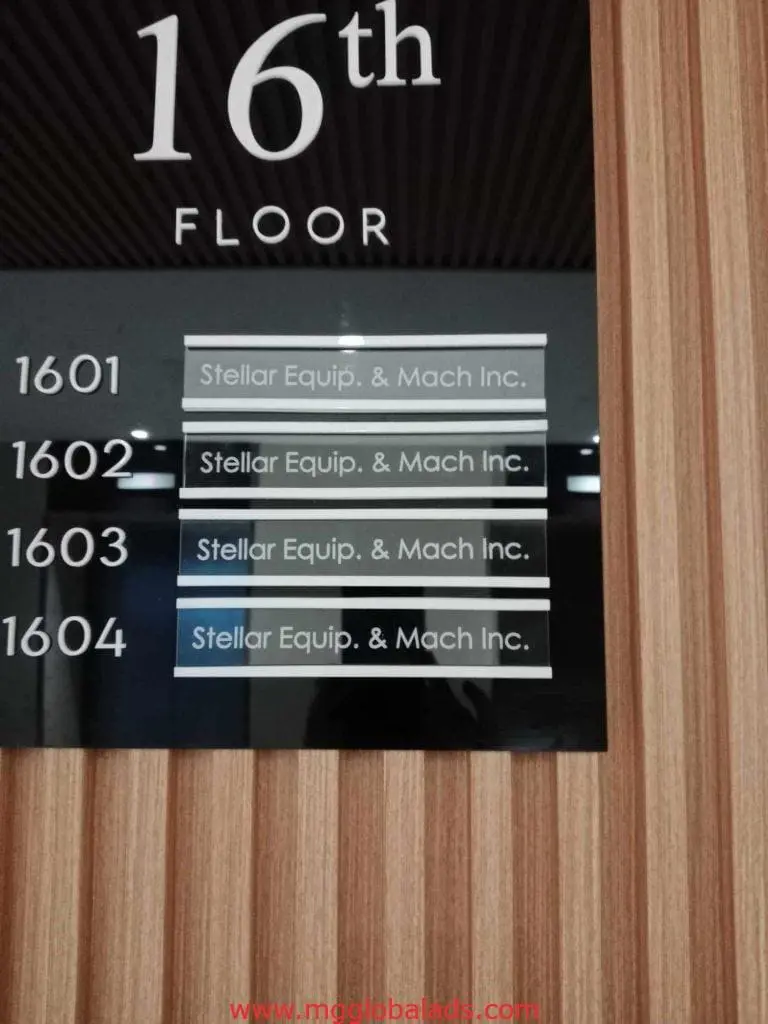 Office floor directory signage for Stellar Equip. & Mach Inc., rooms 1601-1604 in Makati, wood wall mount by M&G Global Ads.