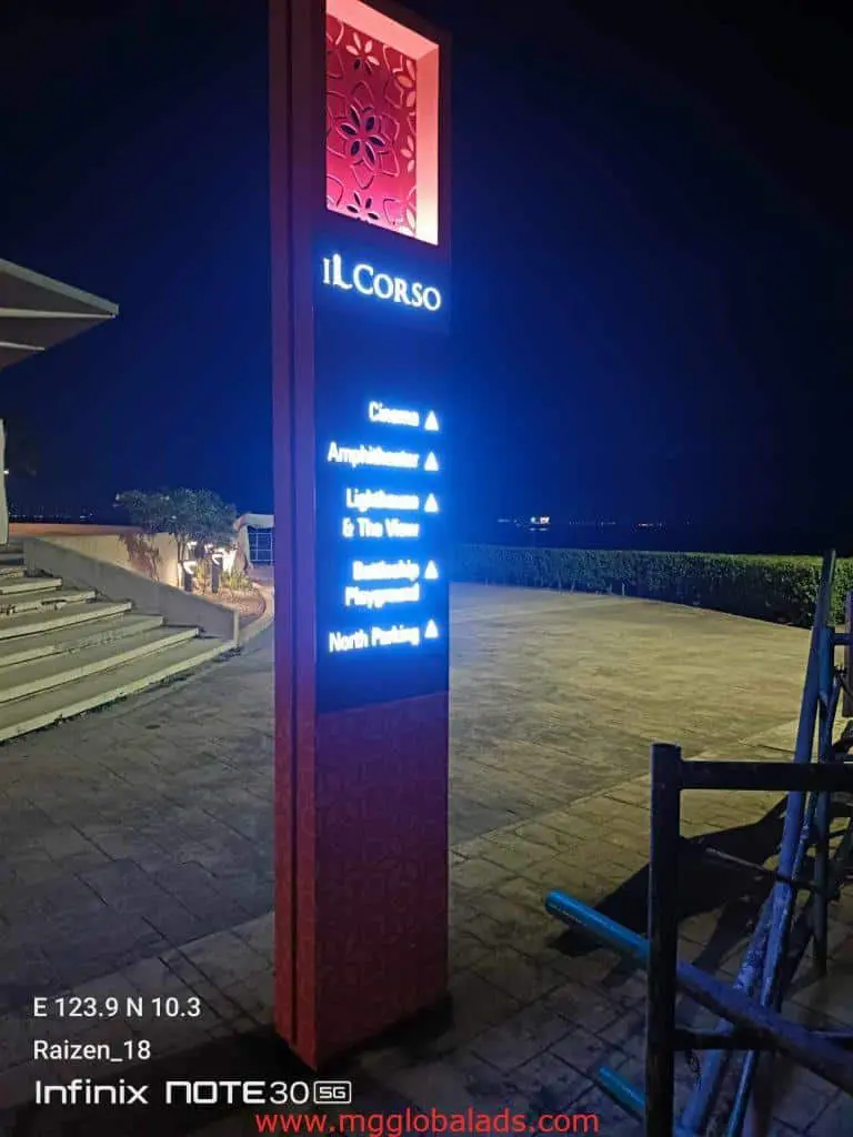 Illuminated acrylic directional signage for Il Corso at night, Makati location, by M&G Global Ads.
