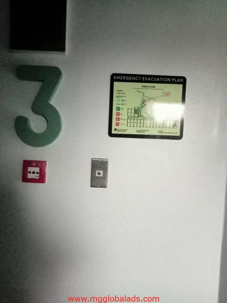 LED floor number 3 signage, emergency evacuation plan, fire alarm button in Makati building by M&G Global Ads.