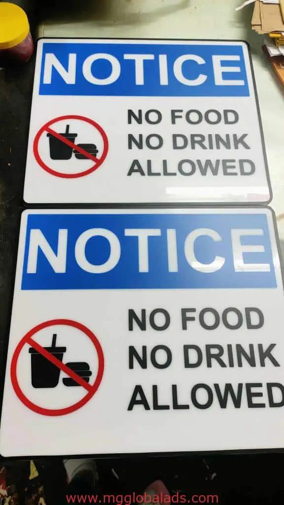 Acrylic notice signage no food no drink allowed for indoor use in Makati, Metro Manila by M&G Global Ads.
