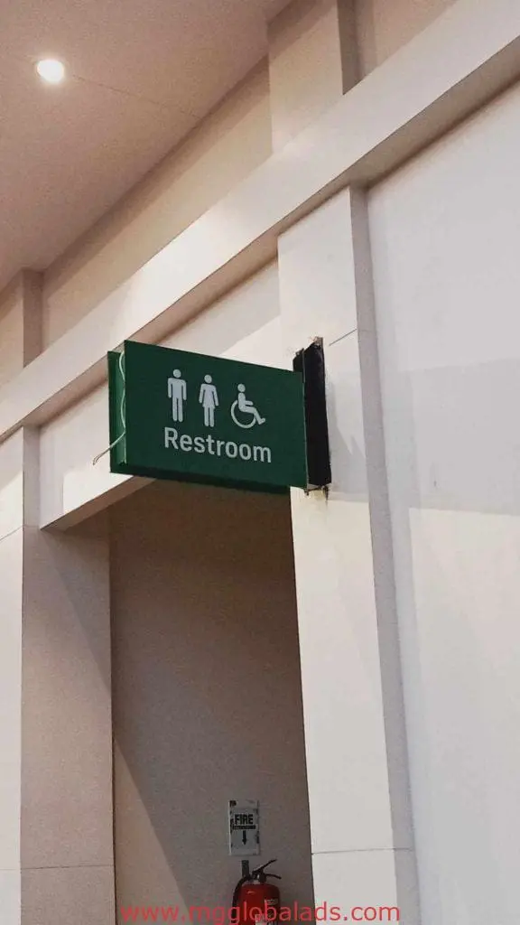 Acrylic restroom signage in Quezon City with male, female, accessible symbols for all users by M&G Global Ads.