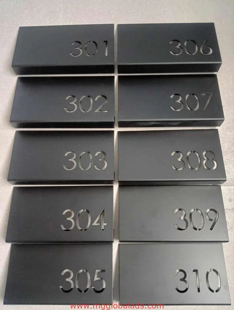 Black acrylic door number plaques 301-310 in sleek indoor signage style, Makati location, by M&G Global Ads.