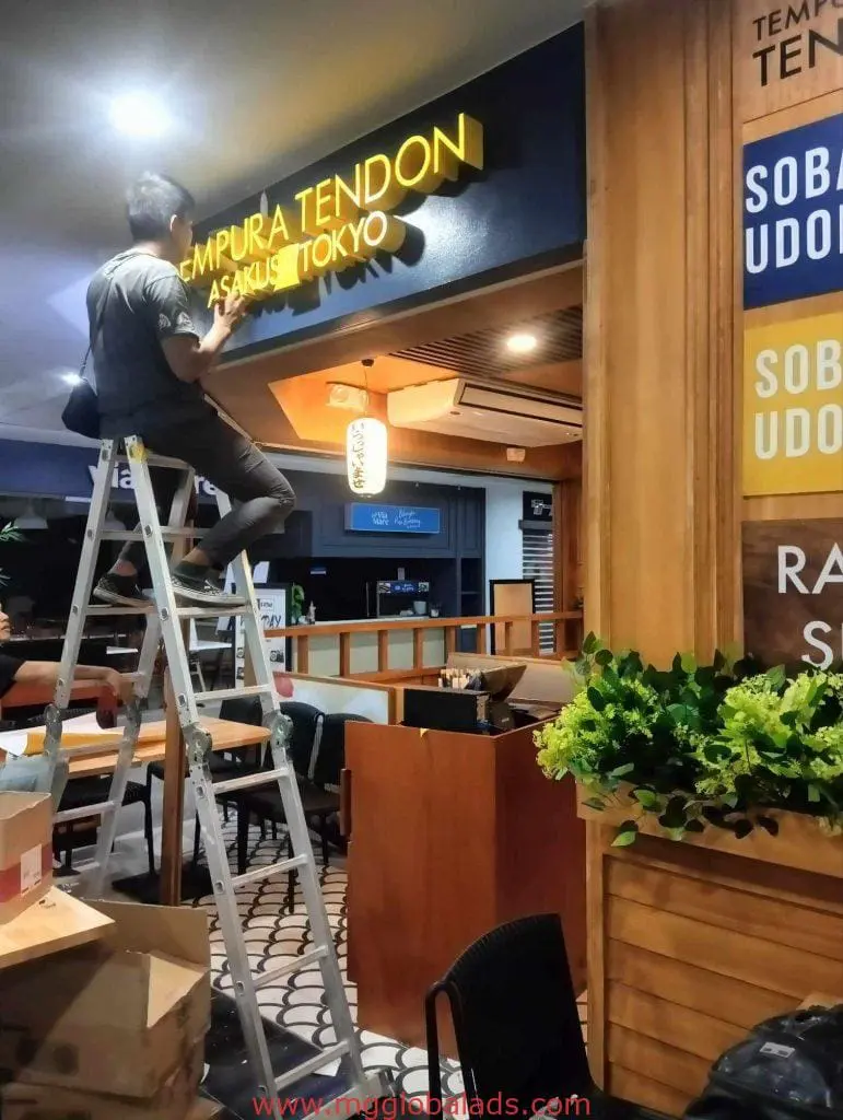 Metallic indoor restaurant signage for Tempura Tendon Asakusa Tokyo in Makati installation by M&G Global Ads.