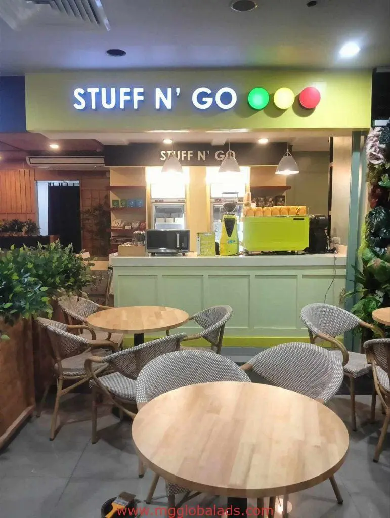STUFF N GO bright LED signage for café in Pasig mall, with modern decor and lighting by M&G Global Ads.