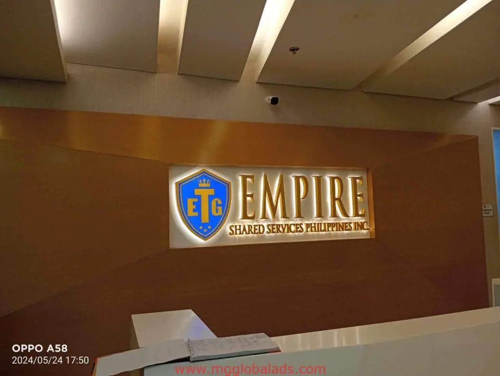 LED reception signage for Empire Shared Services Philippines Inc., blue shield ETG logo, in Makati, by M&G Global Ads.