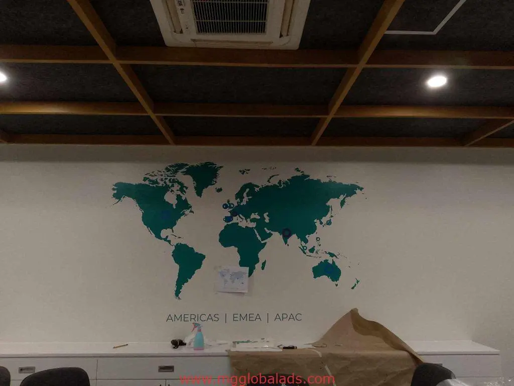 World map indoor wall signage for office with AMERICAS | EMEA | APAC in Mandaluyong by M&G Global Ads.