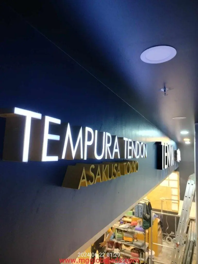 Illuminated acrylic restaurant signage for Tempura Tendon Asakusa Tokyo in Makati, by M&G Global Ads.