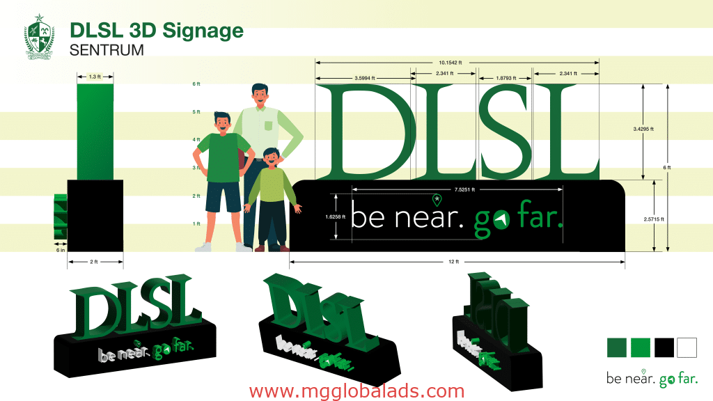 Green 3D DLSL indoor signage mockup with people for scale, measurements, and color swatches in Makati by M&G Global Ads.
