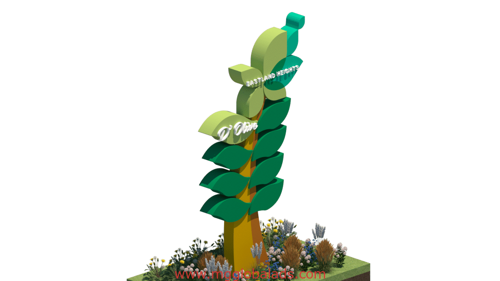 DBine and RISTAND NETWORK outdoor plant sculpture signage in Quezon City, green leaves and yellow stem, by M&G Global Ads.