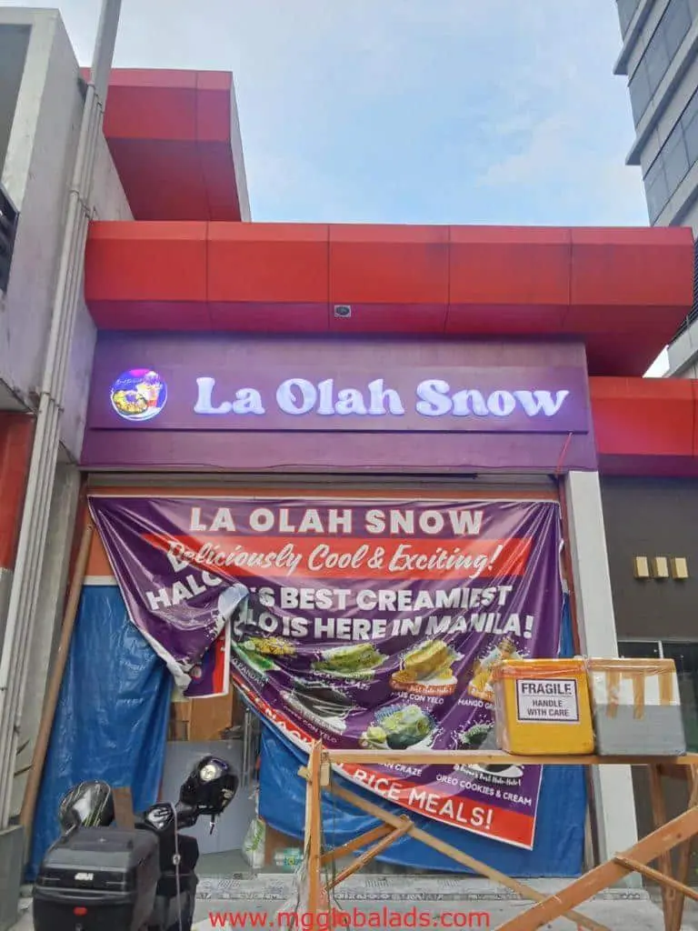 La Olah Snow metallic signage and halo-halo banner at Quezon City dessert shop, by M&G Global Ads.