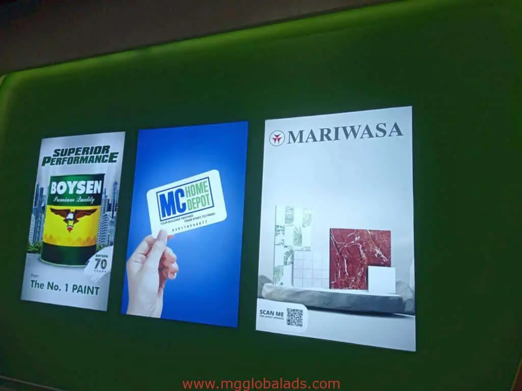 Illuminated acrylic signage for Boysen, MC Home Depot, and Mariwasa tiles in Pasig by M&G Global Ads.