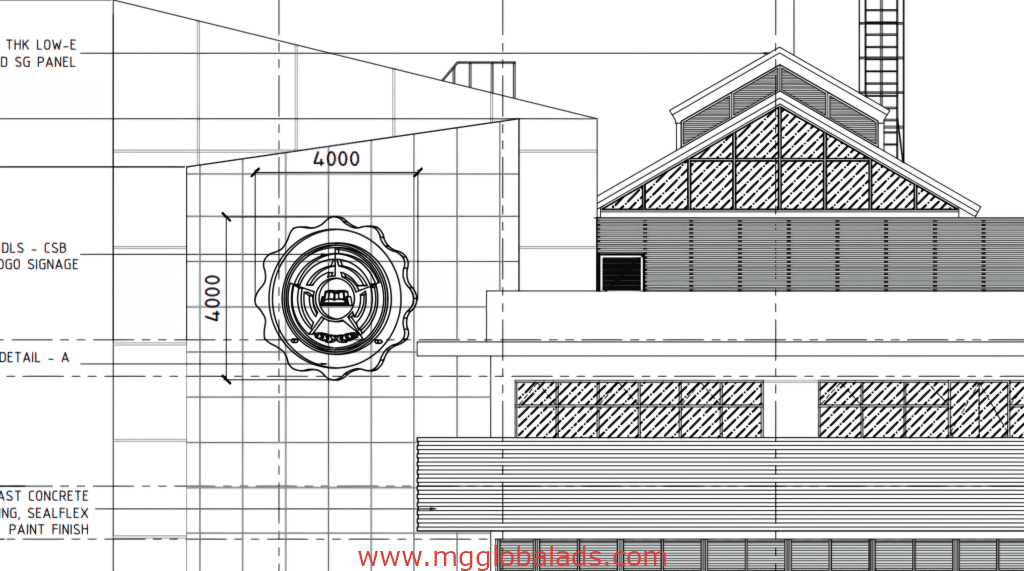 Building elevation drawing with circular outdoor logo signage, 4000mm size, Ortigas project details by M&G Global Ads.