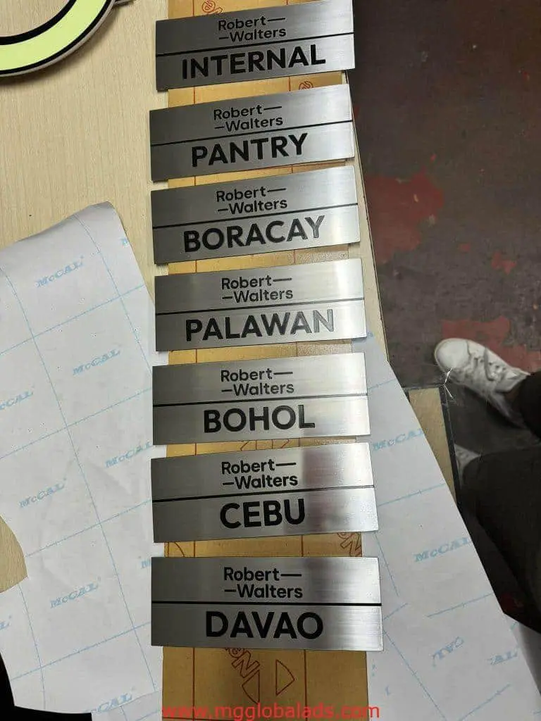 Office door and room stainless engrave signage for Robert Walters, Ortigas branch, arranged vertically. By M&G Global Ads.