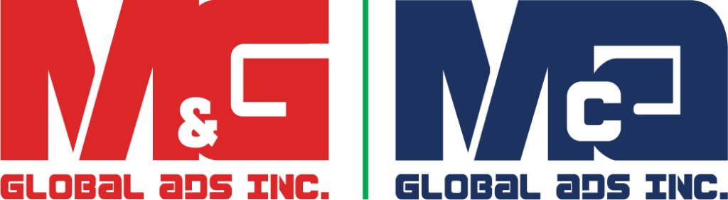 Building signage for M&G Global Ads Inc. in red-white and blue-white, metallic letters, Ortigas location by M&G Global Ads.