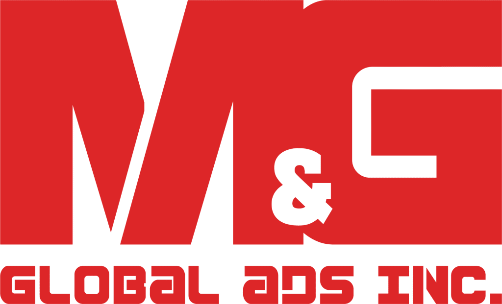 LED building signage for GLOBAL ADS INC with bold red M&G letters on white, seen in BGC by M&G Global Ads.