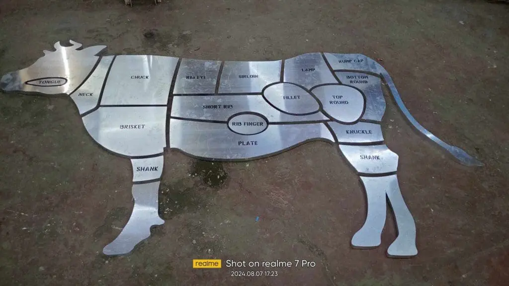 Educational building metal signage of beef cuts diagram on floor in Mandaluyong, timestamped top-down view by M&G Global Ads.