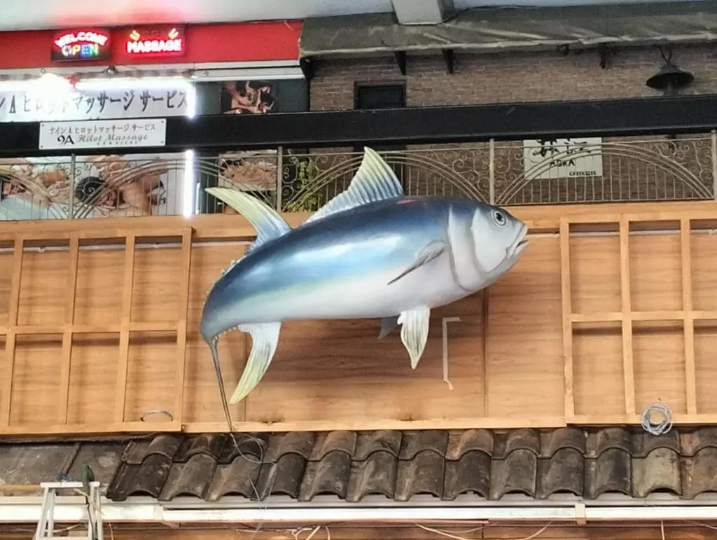 Japanese restaurant indoor signage and massage parlor sign, Quezon City installation by M&G Global Ads. Large fish sculpture display.