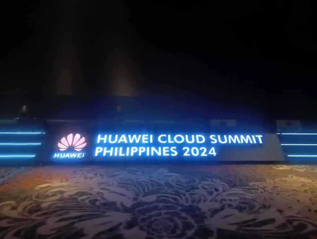 Illuminated LED signage for Huawei Cloud Summit Philippines 2024 with logo in BGC venue, by M&G Global Ads.
