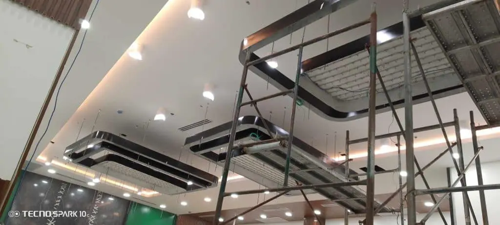 Indoor LED signage display ceiling installation in a Makati commercial space with bright lighting by M&G Global Ads.