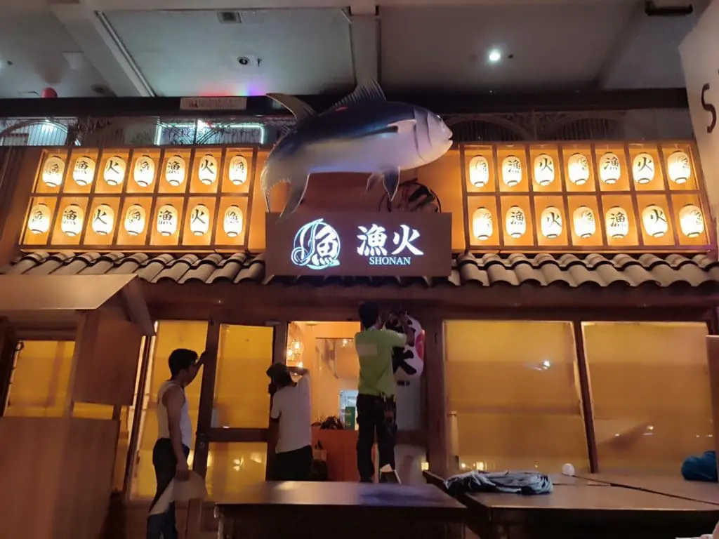 Acrylic restaurant signage for Shonan Japanese Restaurant with lanterns, fish model, in BGC by M&G Global Ads.