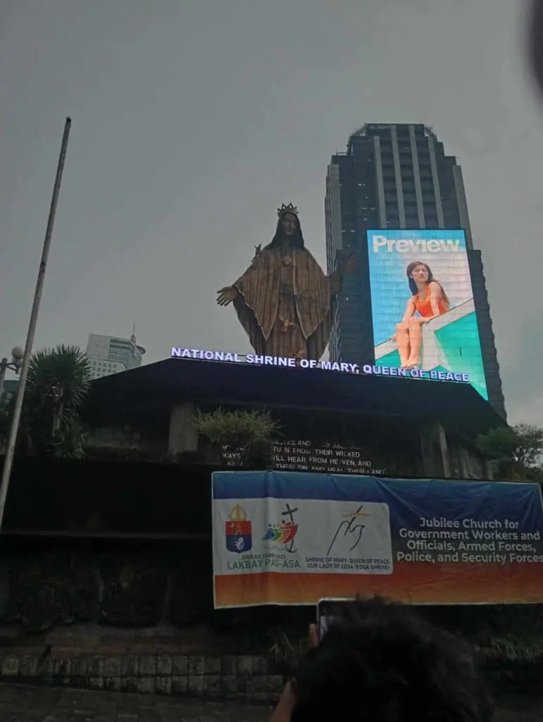 Church LED display signage for National Shrine of Mary, Queen of Peace in Ortigas with event banner, by M&G Global Ads.