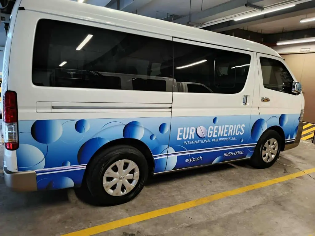 Indoor vehicle wrap signage for Euro Generics International Philippines Inc. in Ortigas, Metro Manila by M&G Global Ads.